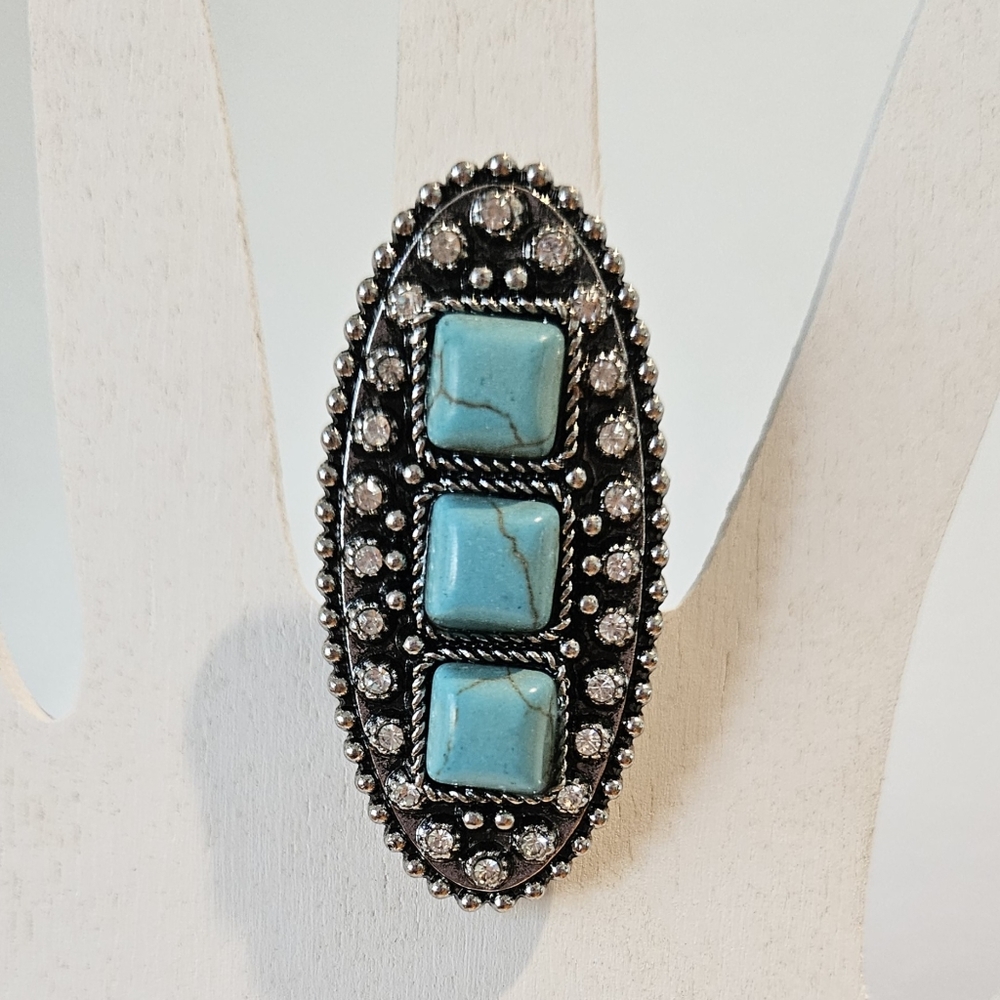 COWGIRL CONFETTI SILVER, TURQUOISE RHINESTONE STATEMENT RING- *Size 6.5 adjust.
